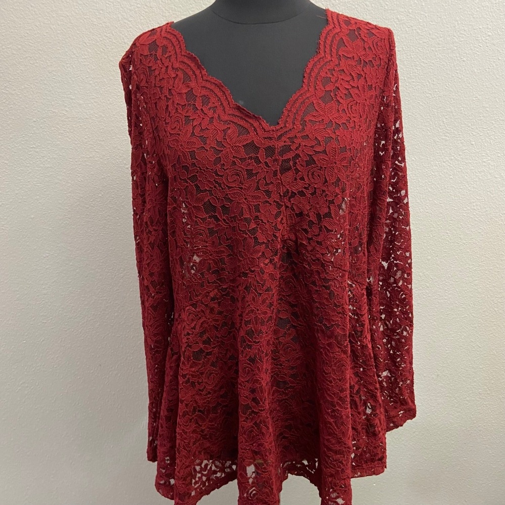 Lane Bryant Women's Size 14/16 Red Sheer Lace V Neck Long Sleeve Tunic Top NEW